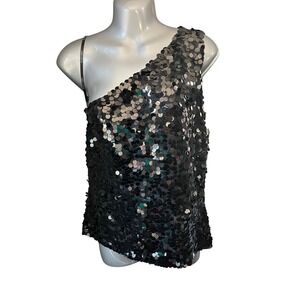 Laundry by Shelli Segal Black Sequin Sleeveless One Shoulder Top L